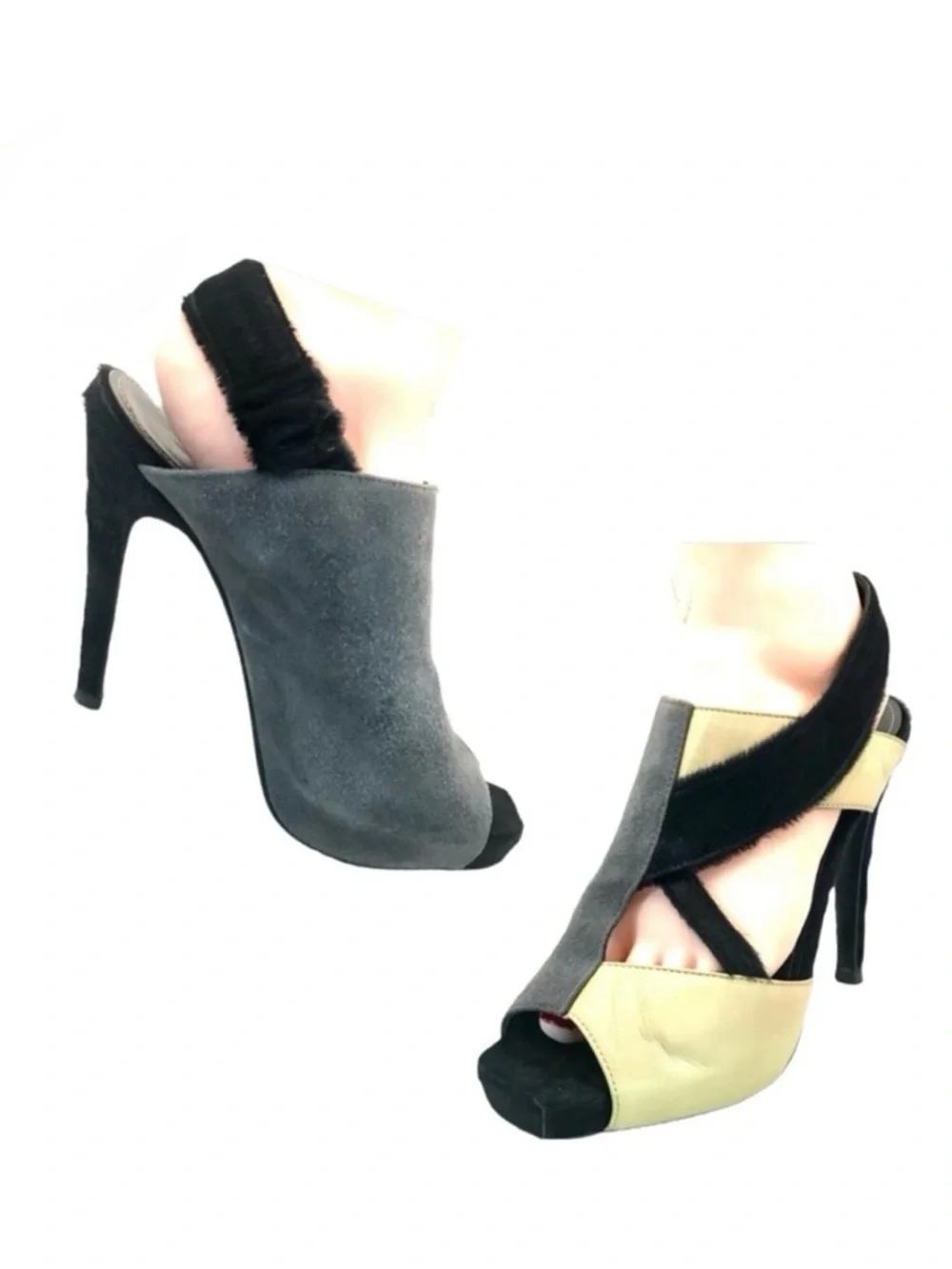 APERLAI PARIS BLACK, GRAY & CREAM COLOR BLOCK LEATHER AND FUR HEELS (38)